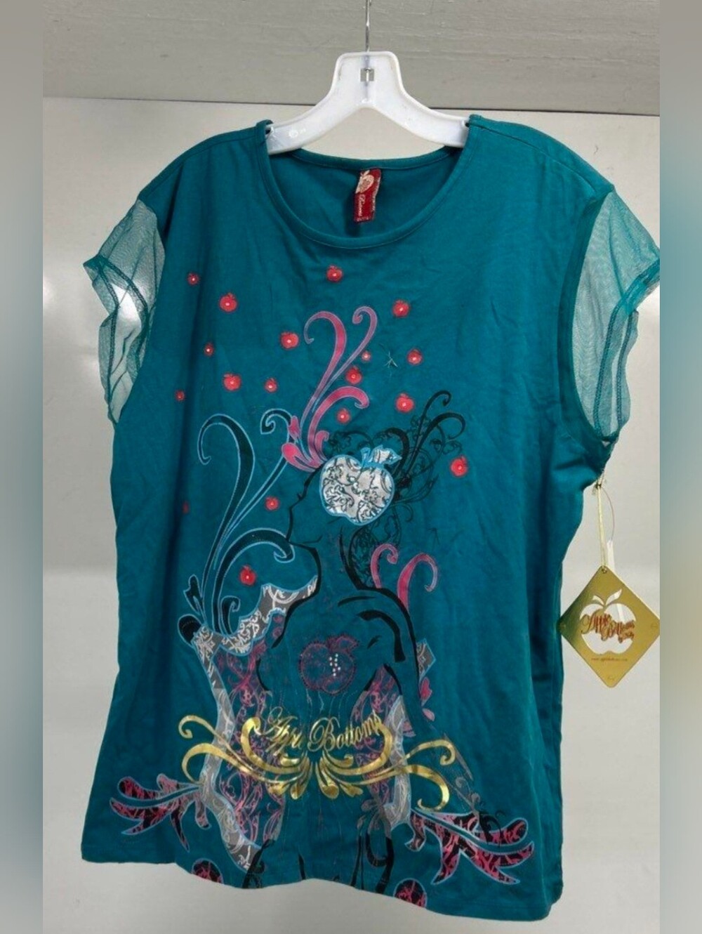 NWT Y2K Apple Bottoms Titan Teal Graphic Cap-Sleeve Top 2X